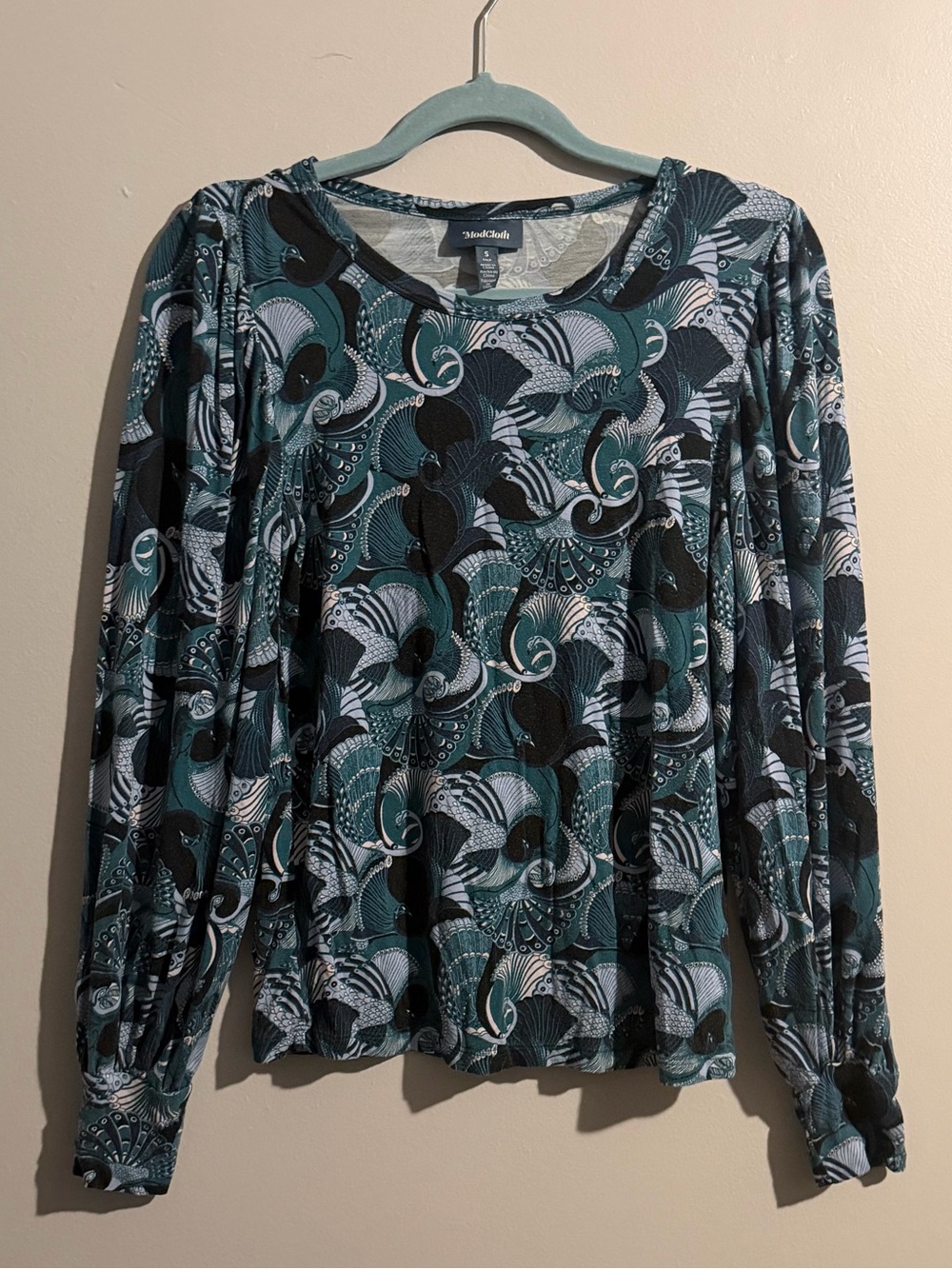 ModCloth Teal, Black and White Peacock Print Fitted Cuff Long-Sleeve Shirt